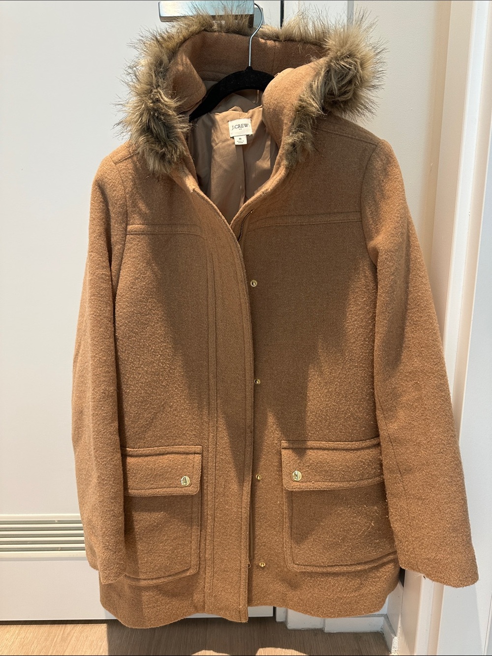 J. Crew Camel Wool-Blend Hooded Pea Coat with Faux-Fur Trim